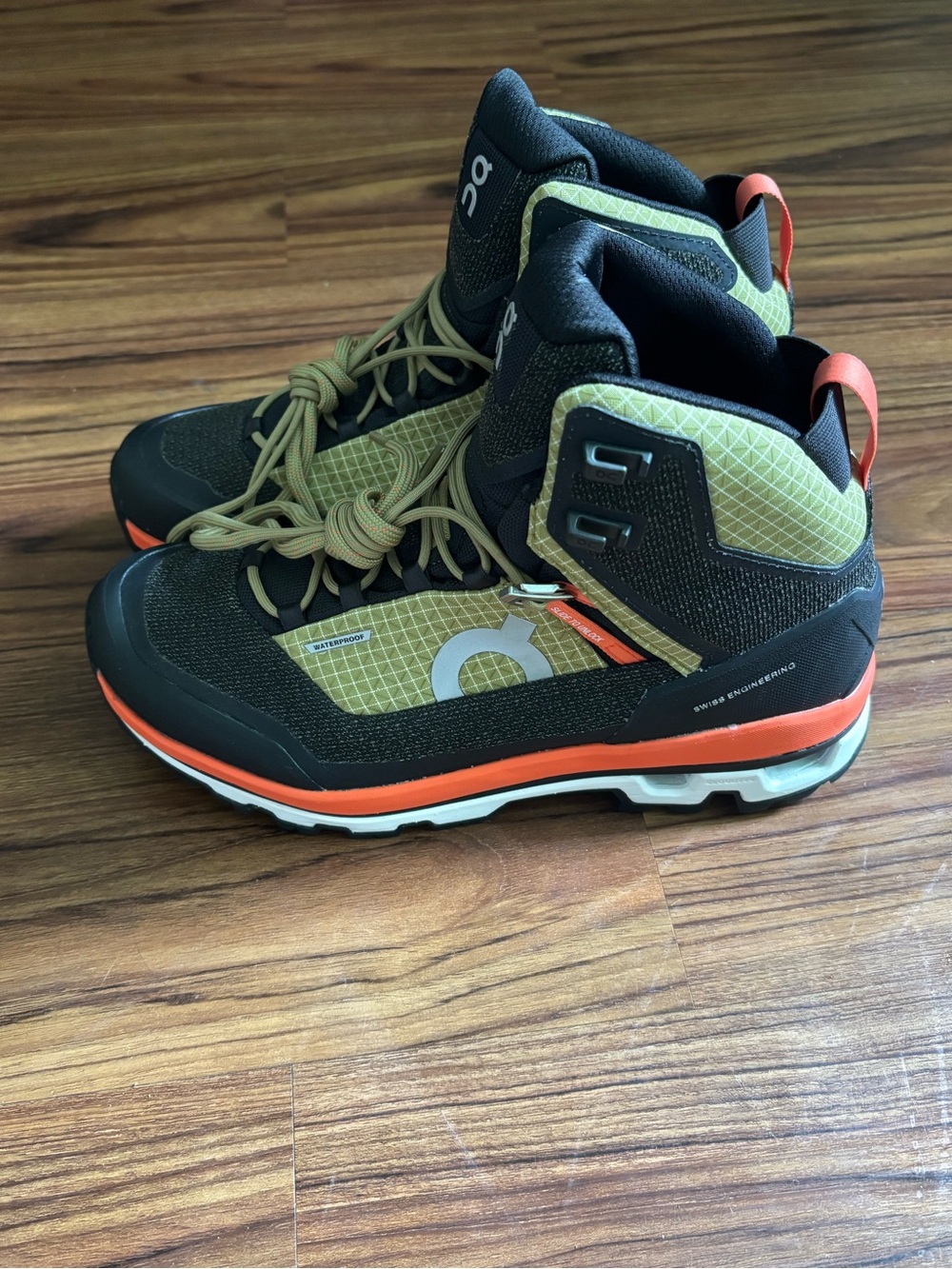 ON Cloudalpine Waterproof Boots in Olive, Black & Orange